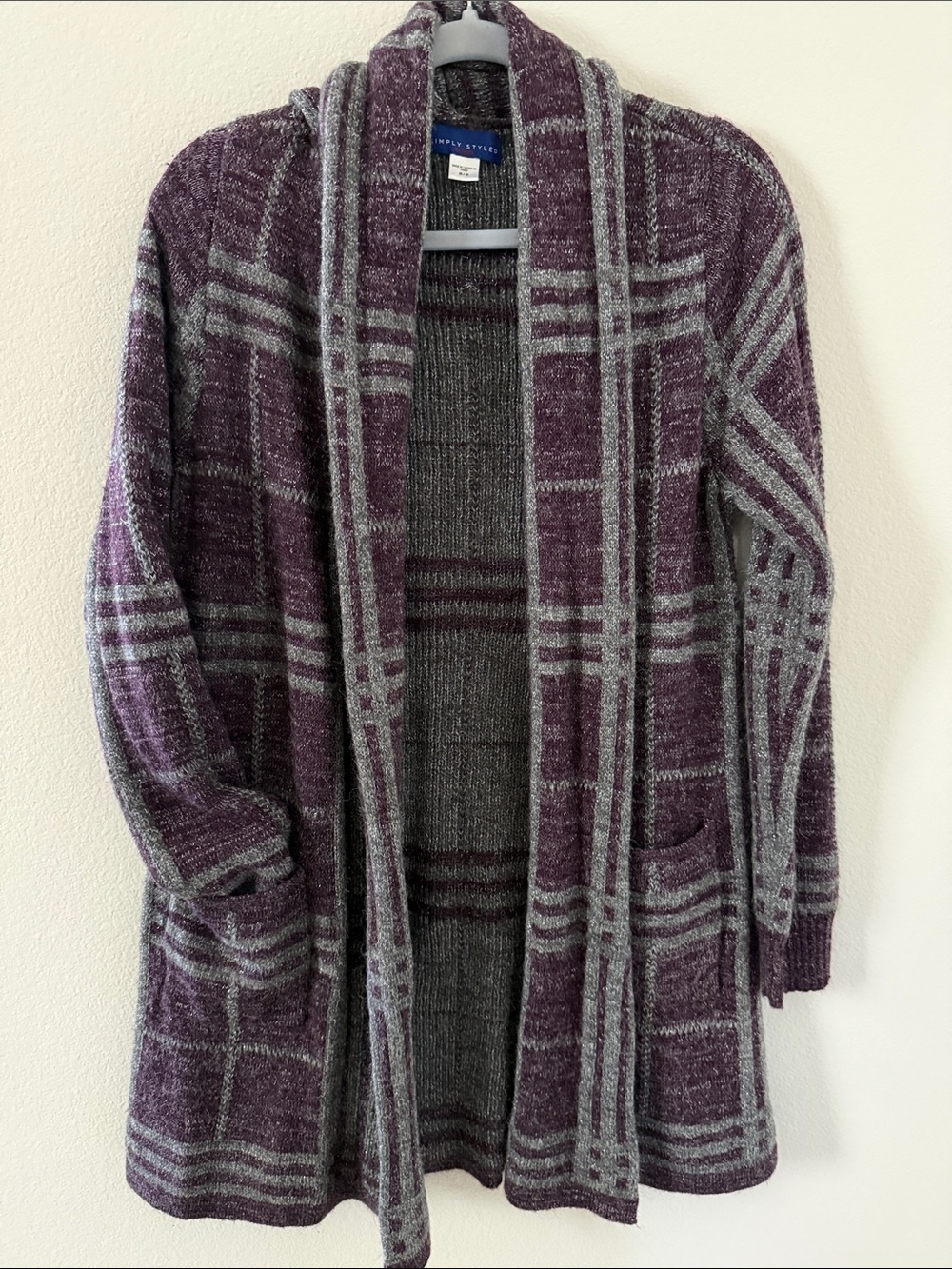 Simply Styled Purple and Gray Plaid Open-Front Cardigan